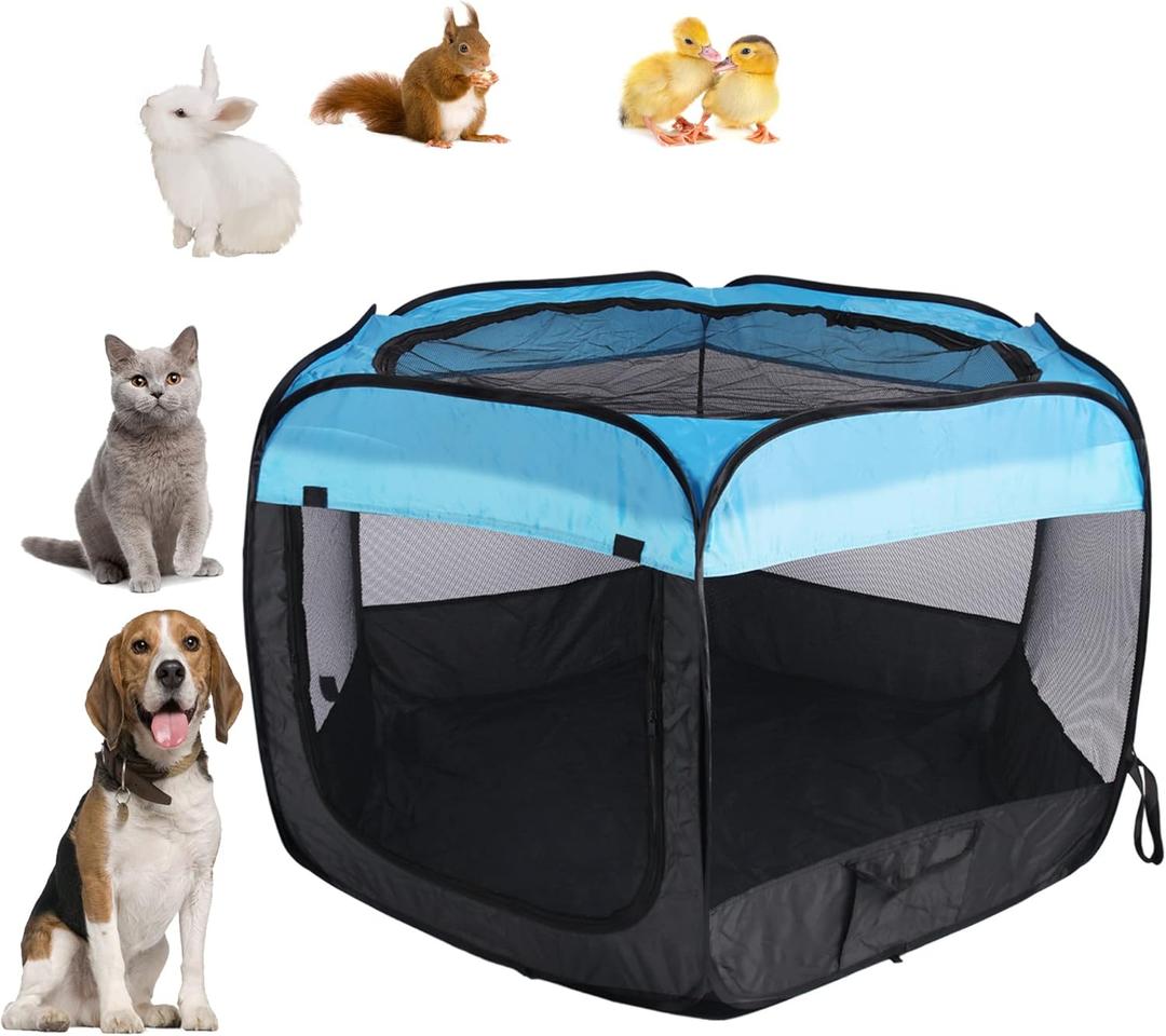 Portable Dog Playpen Cat Tent,Pop Up Playpen for Small Middle Dogs Cats Pet Tent Playground,Indoor Outdoor,37x37x24,Blue/Black,1Pack