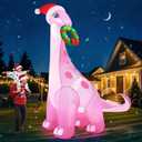 zukakii 12FT Giant Christmas Inflatables Decorations Outdoor Pink Dinosaur, Huge Christmas Blow Up Yard Decorations with Christmas Wreath Hat Build-in LED Light Strong Blower for Holiday Party Xmas