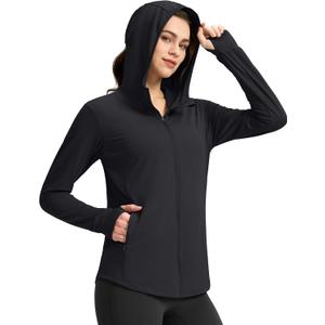 G Gradual Women's UPF 50+ Sun Protection Hoodie Jacket with Ponytail Hole and 4 Pockets Lightweight Long Sleeve for Hiking (Black, XL)