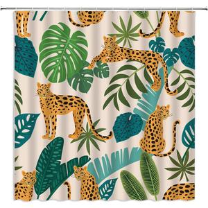 Mid Century Leopard Shower Curtain Boho Cheetah Palm Leaves Tropical Jungle Animal Wildlife Tiger Aesthetic Minimalist Modern ArtFabric Bathroom Decor Curtains with Hooks,Beige Yellow Green (70"W x 70"L (Pack of 1)
