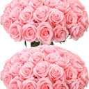 50pcs Artificial Roses Flowers in Bulk,Realistic Silk Fake Rose with Long Stem for Wedding Centerpieces Bouquet Party Floral Arrangement Home Decoration(Pink)
