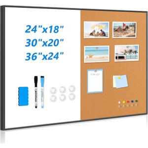 White Board Cork Board Combo, 30" x 20" Magnetic Dry Erase Whiteboard & Corkboard for Wall, Vision Board for Home Office School, Black Aluminum Frame