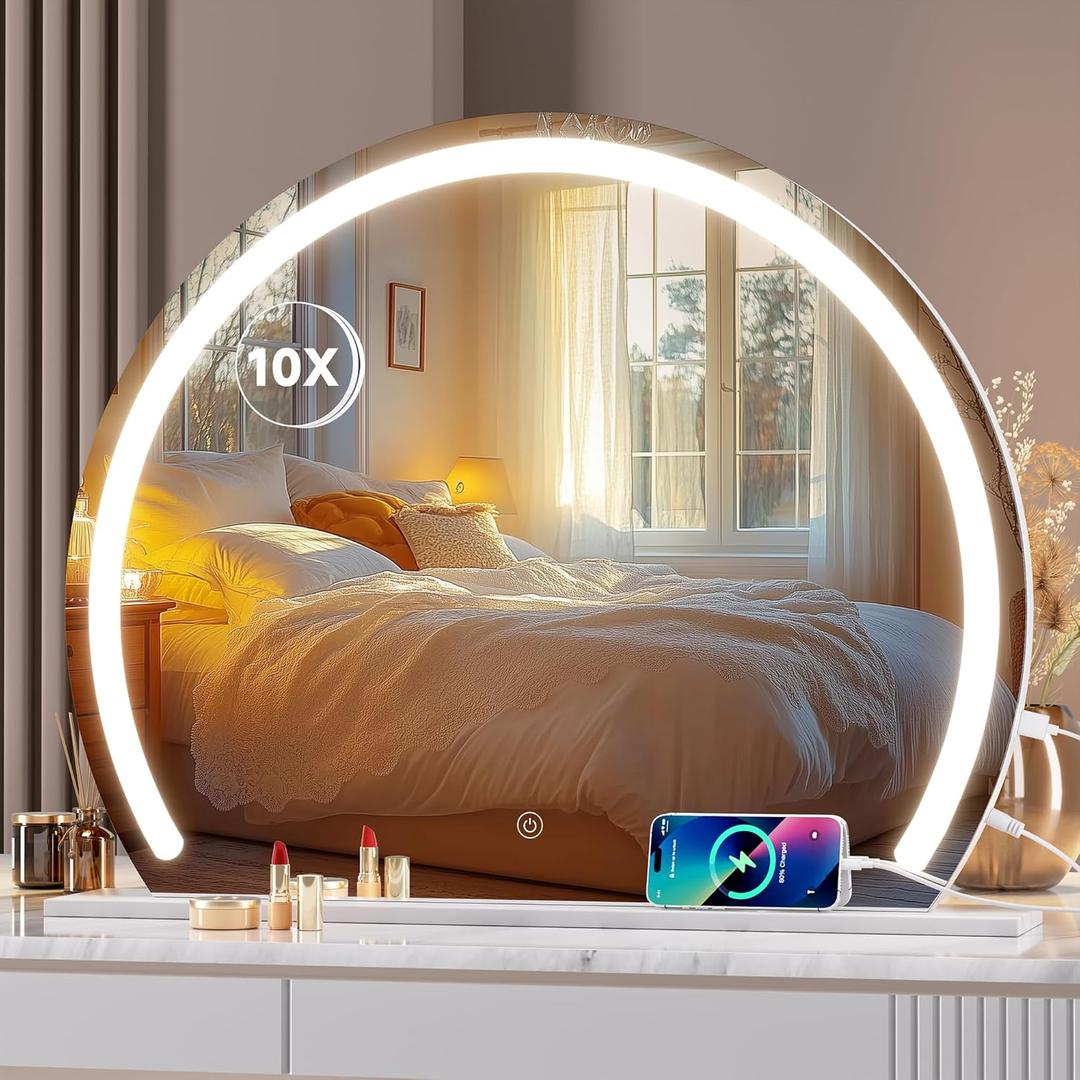 Hasipu Vanity Mirror with Lights, 22.8" x 18.1" LED Makeup Mirror, Lighted Makeup Mirror with Lights, Smart Touch Control 3 Colors Dimmable Mirror 360Rotation USB Port White