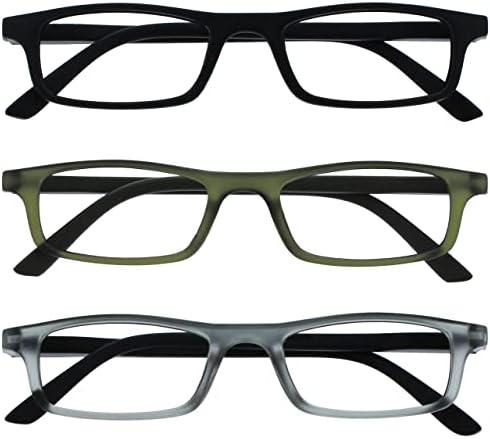 OPULIZE TED Reading Glasses for Women Men, Lightweight Narrow Rectangular Matt Frame with Spring Hinges, Black Khaki Green Grey +3.00 (Pack of 3)