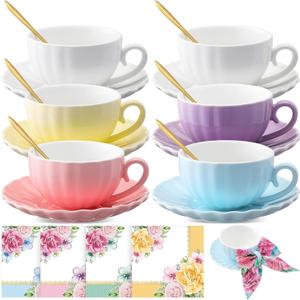 Set of 6 Tea Cups and Saucers Tea Party Decorations 5.4 oz British Cappuccino Cups with Saucers Floral Napkin Gift for Women Birthday Party Church Mother's Day