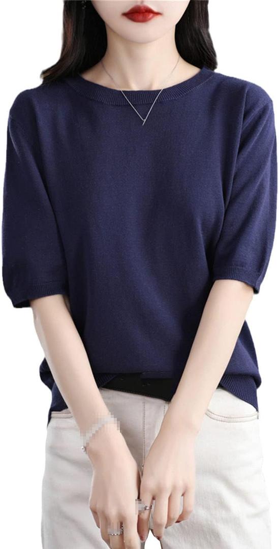 keusyoi Summer O-Neck Cotton T-Shirt Short Sleeve Knitted Pullover Women's Loose Casual Sweater Fashion Solid Tops (Navy Blue) XXL