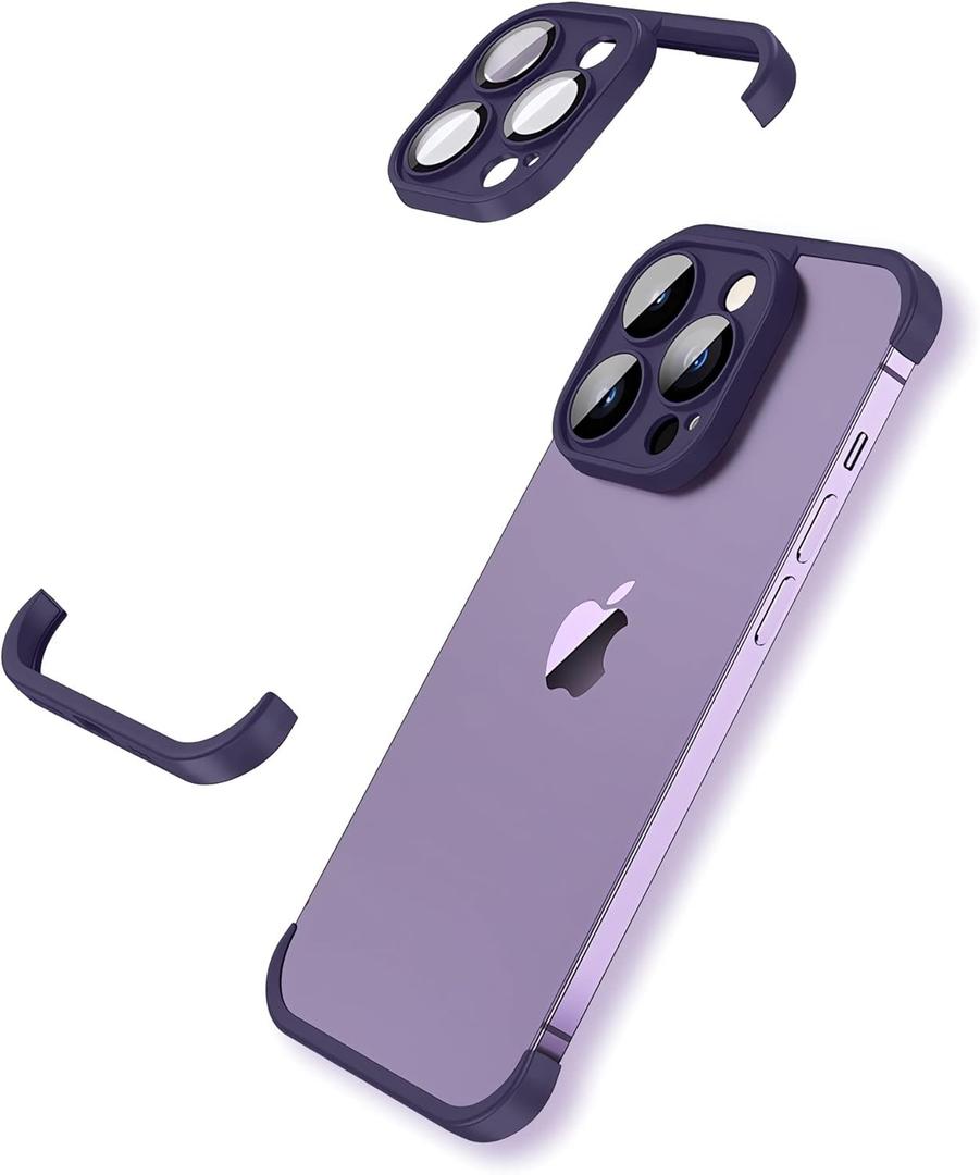 Frameless Fit for iPhone 15 Pro Max Bumper Case with Camera Lens Protector, Slim Soft TPU Shockproof Phone Cover, Minimalist Yet Protective Shell (Purple)