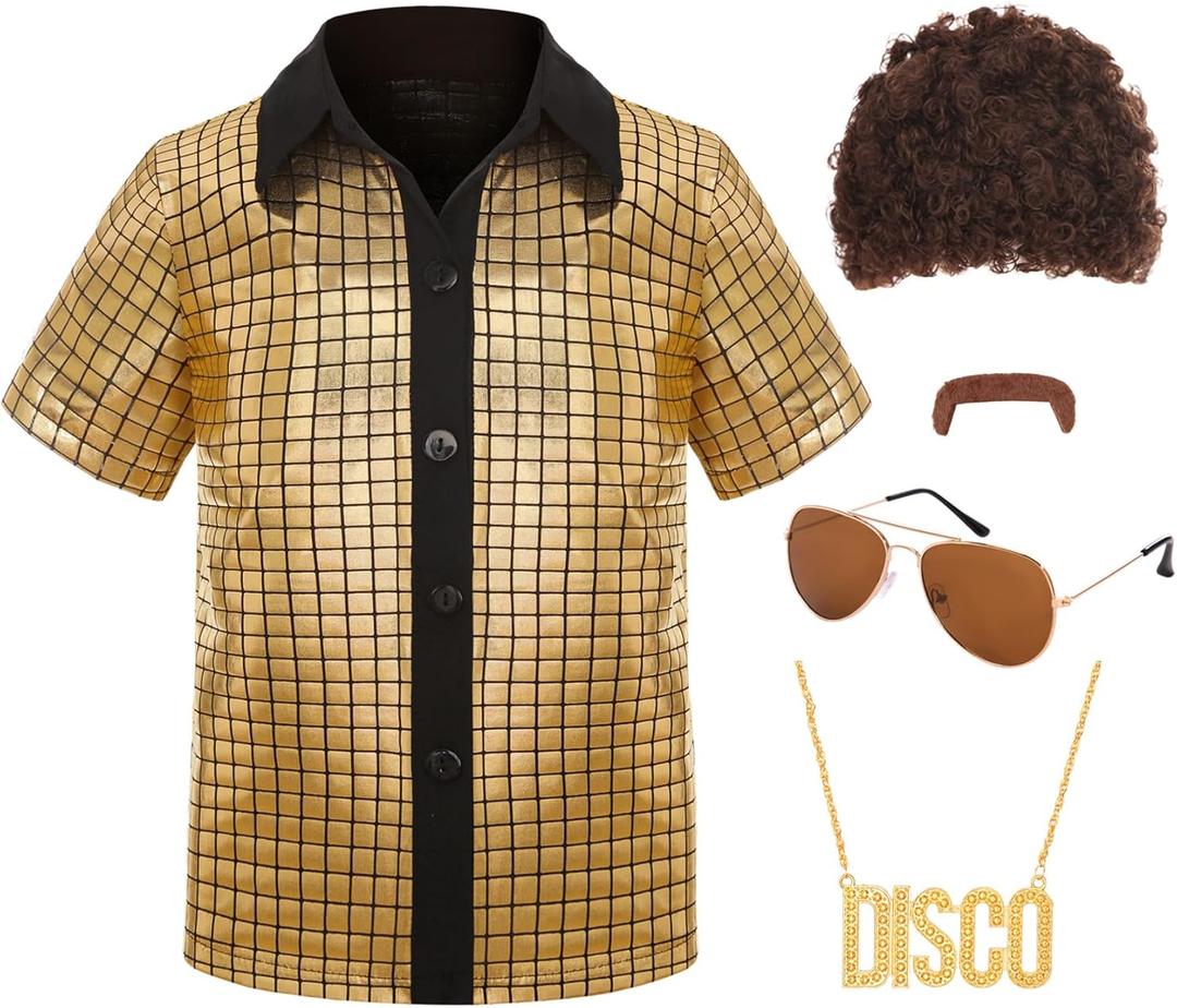SIZGAROOT 70s Outfits for Boys Disco Costume Kids Halloween Party Dress Up (8-10 Years, Gold)