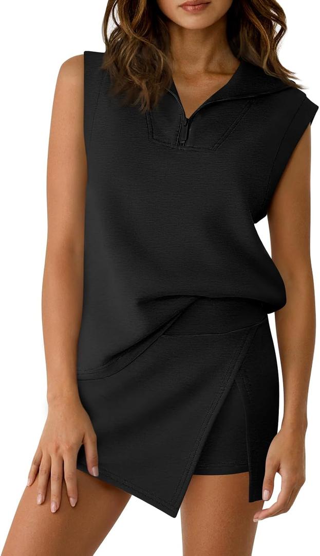 Fisoew Womens 2 Piece Skirt Sets Summer Sleeveless Half Zip Sweatshirt Athletic Skorts Tennis Outfits Casual Sweatsuits Small