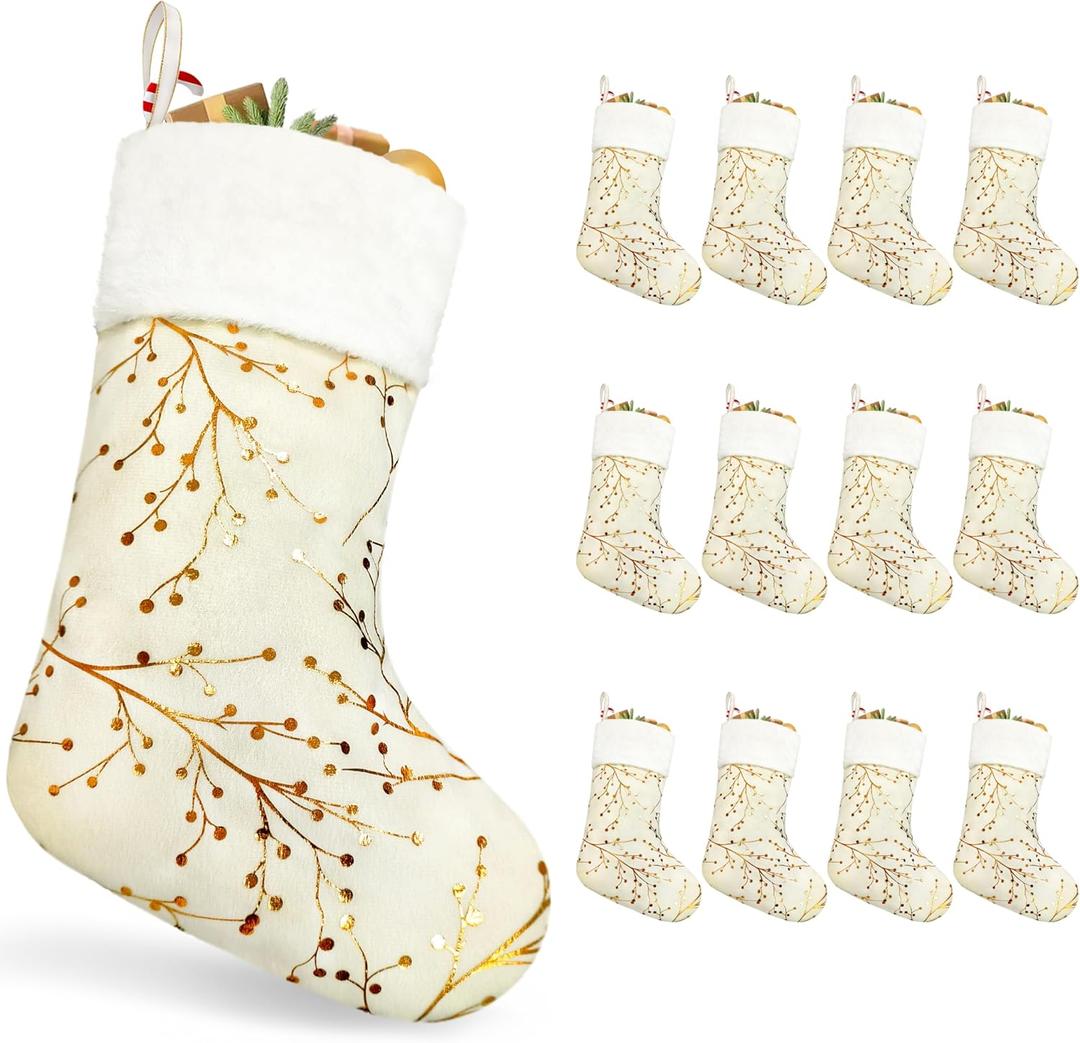 12PCS Bulk Christmas Stockings,20"Large Gold&White Velvet with White Plush Cuff Xmas Stocking,Felt Flannel Faux Fur Stockings with Gold Snowflakes,Thicken Christmas Stockings Bulk for Fireplace Mantel