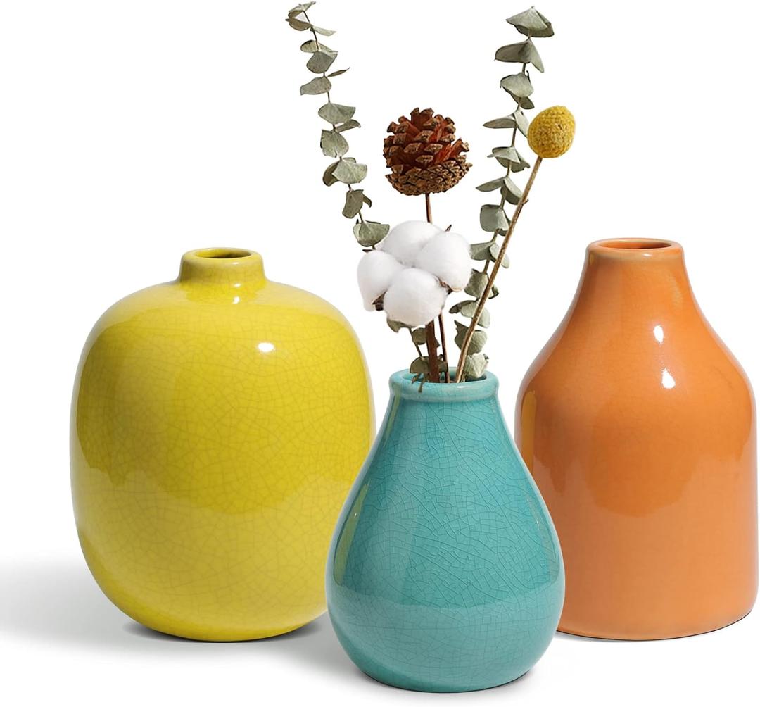 Ceramic Vases for Decor Set of 3, Colorful Decorative Vases for Farmhouse Fireplace, Modern Small Centerpieces Floral Decoration for Home Office Living Room Shelf Table, Rustic Style