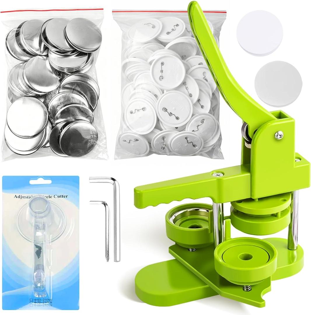 Button Maker Machine 58mm Pin Installation-Free DIY Pin Badge Button Maker Press Machine Punch Press with Free 100pcs Parts Pictures Circle Cutter (58mm/2.25 inch Green Button Maker Kit)