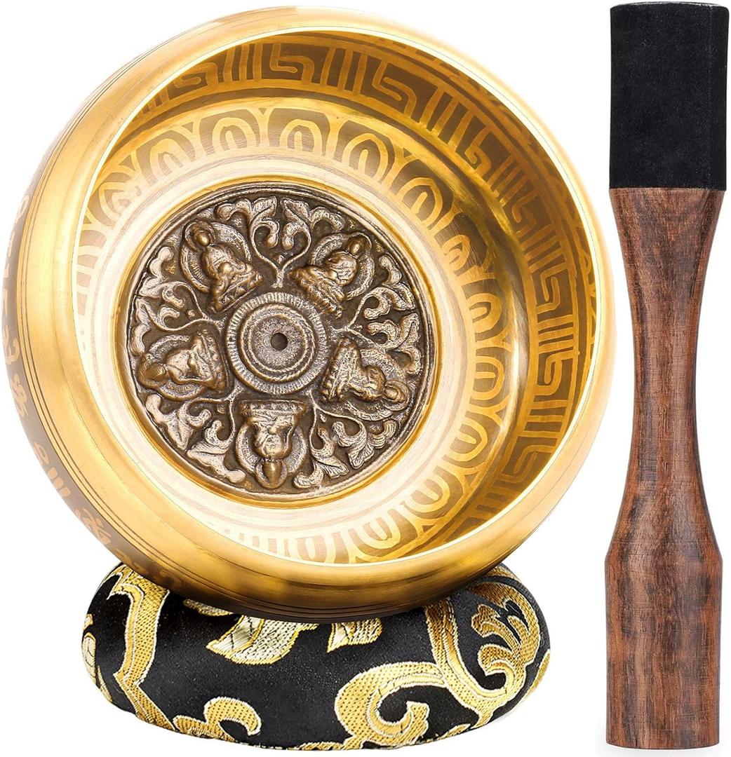 Tibetan Singing Bowls, Authentic Meditation Sound Bowls Handcrafted in Nepal for Yoga, Chakra Healing, Mindfulness, Self Care Spiritual Gifts for Women (6" Buddha-Sunflower)