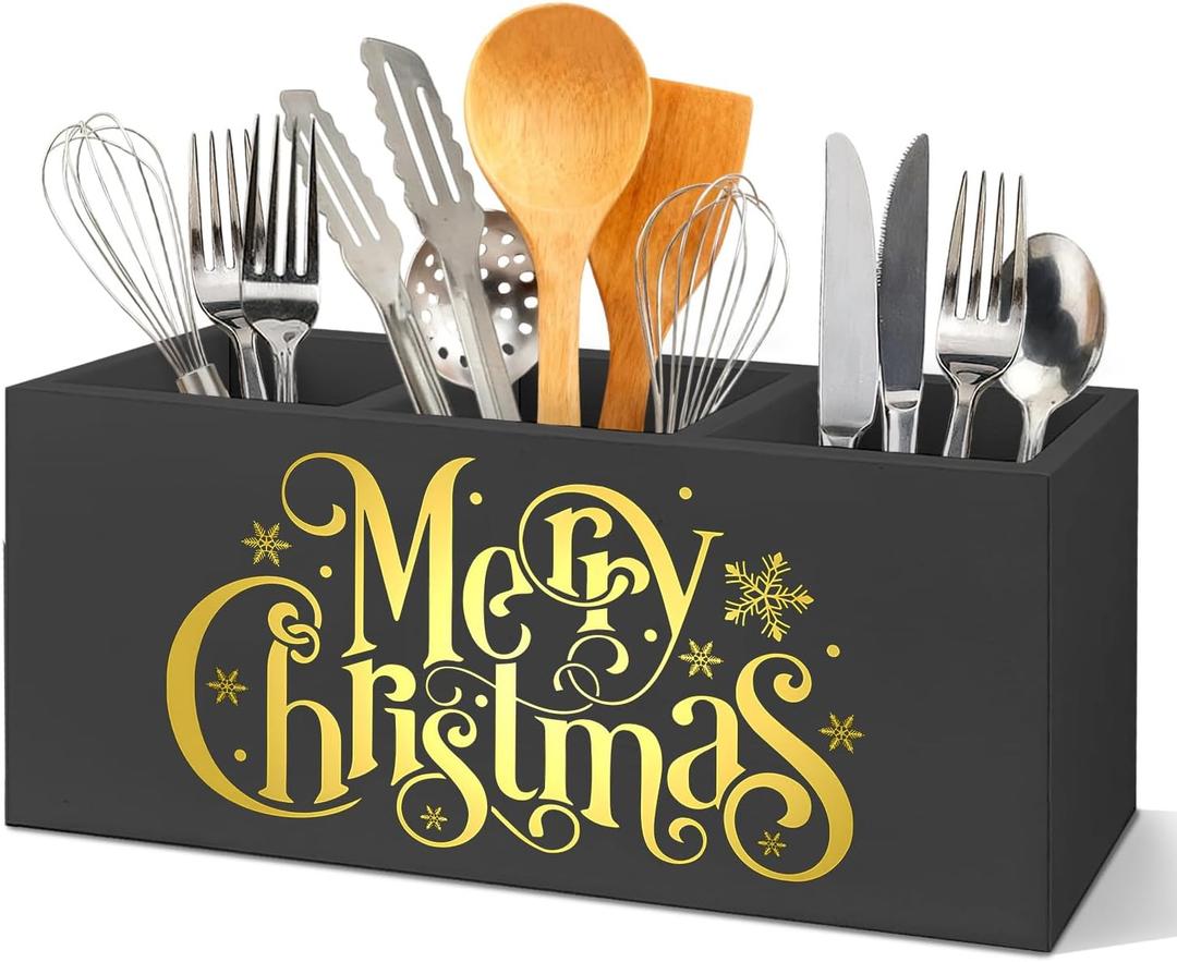 SNNDER Merry Christmas Kitchen Utensils Holder with 3 Compartments, Gold Christmas Xmas Snowflake Winter Holiday Wooden Utensil Holder Organizer for Kitchen Counter Shelf Table Decor Desktop Organizer