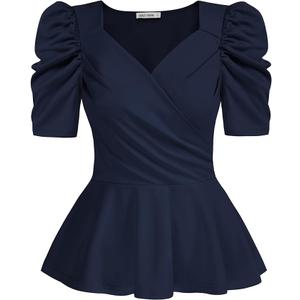 GRACE KARIN 2025 Womens Tops Elegant Peplum Top Wrap V Neck Puff Short Sleeve Summer Tops Blouse, Navy Blue, M