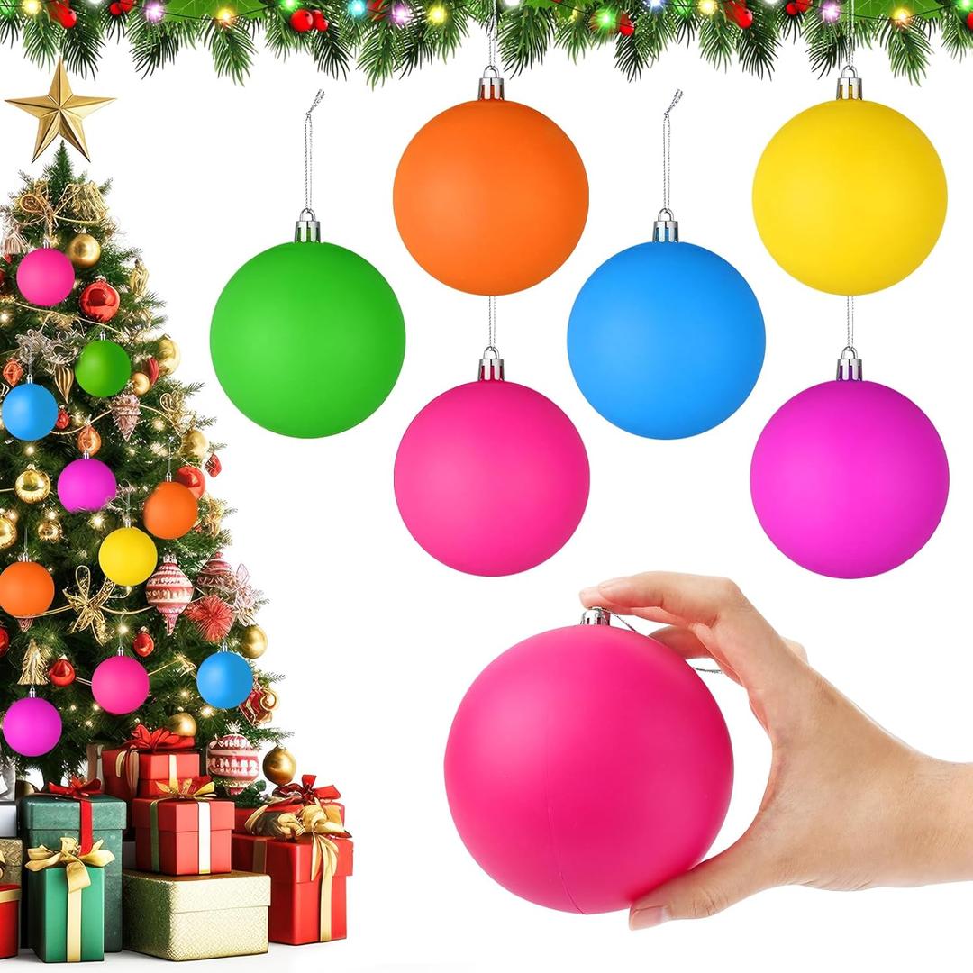 6 PCS 4 Inch Large Neon Color Christmas Ball Ornaments Living Room Garden, Shatterproof Christmas Tree Ornament Set Large Ball Pendant for Xmas Party Supplies