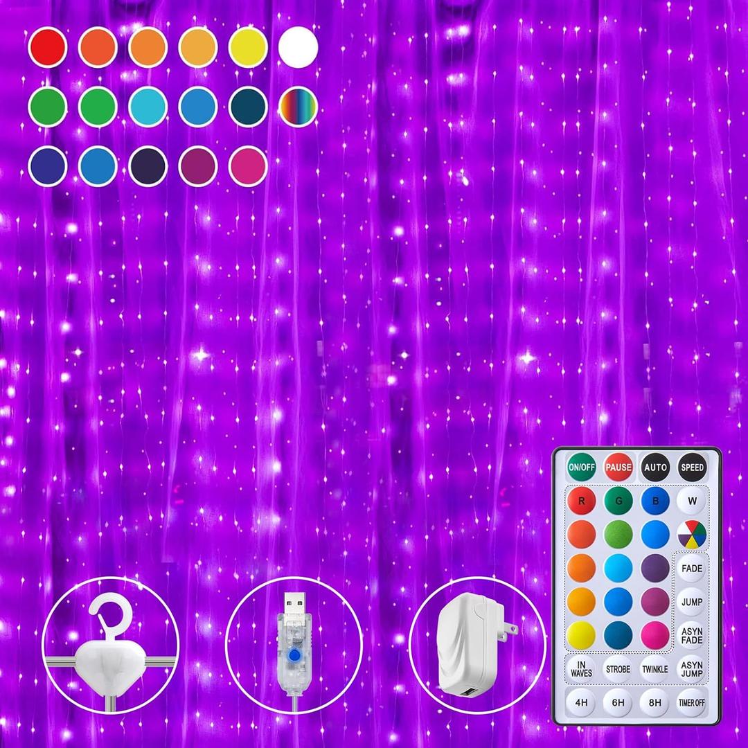 16 Colors Changing Curtain Lights - 250 LED 9.8 X 8.8 FT Fairy String, 7 Modes Twinkle with Remote, Backdrop Wall Hanging Dripping for Bedroom Backyard Halloween Christmas Decor