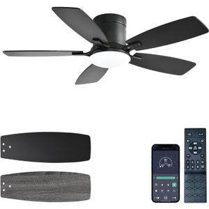 Ceiling Fans with Lights, 42 inch Low Profile Ceiling Fan with Light and Remote Control, Flush Mount, Reversible Motor, Dimmable, Noiseless, Black Ceiling Fan for Bedroom, Indoor/Outdoor Use