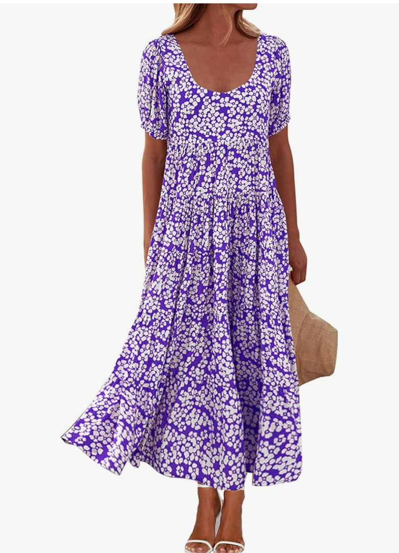 BTFBM Casual Dresses for Women 2024 Short Sleeve Floral Print Dress Cute Maxi Dresses for Women Trendy Long Dress(Purple White Flower,Large), L