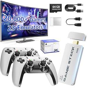2026 Upgrade Wireless Retro Gaming Console Stick Built-in 20, 000+ Classic Games and 23 Emulators, 4K HDMI Output Plug & Play Retro Game Console with Dual 2.4G Controllers, Nostalgic Gifts (64GB)