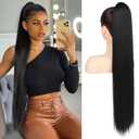Flufymooz ponytail extension, 30 Inch Long Straight Drawstring Ponytail Synthetic Hairpieces Fake Pony Tails Natural Soft Clip in Hair Extension ponytail for Women (Natural Black)