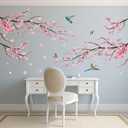Pink Watercolor Cherry Blossom Wall Stickers - Tree Branch Flower Birds Wall Decals - Bedroom Living Room Sofa TV Background Home Wall Decor (Large)