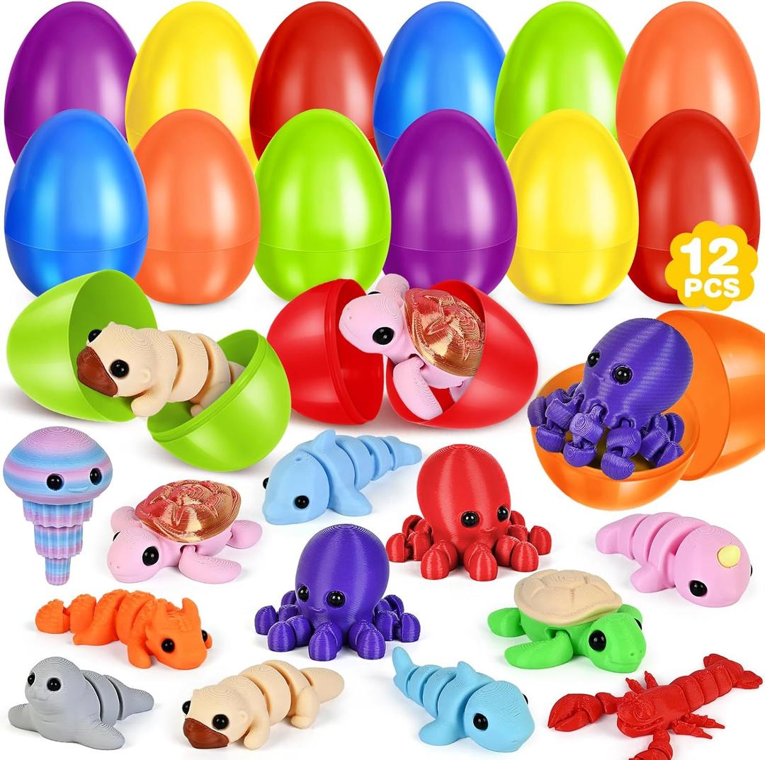 12Pcs Prefilled Easter Eggs with 3D Printed Animals, Easter Basket Stuffers Fillers 3D Printed Toys, Easter Egg Hunt, Party Favors, Surprise Egg Classroom Prizes Gifts for Boys & Girls
