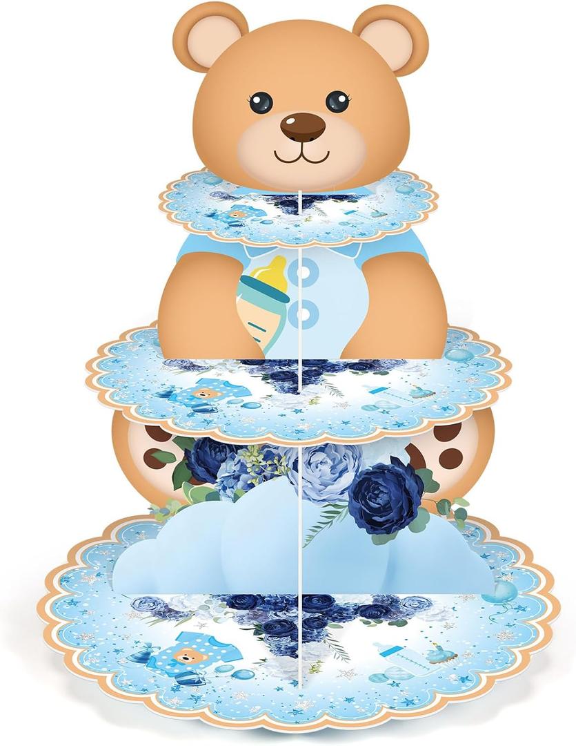 Zopeal 3 Tier We Can Bearly Wait Baby Shower Cupcake Stand Bear Cake Stand Cardboard Dessert Tower Baby Shower Cupcake Tray Holder Bear Table Decoration for Boys Girls Birthday Party Supplies