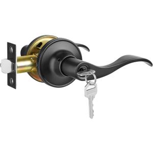 52HZ 1 Pack Wave Lever Door Handles Interior with Lock and Key, Privacy Exterior Door Levers for Bedroom, Bathroom, Front and Entrance, Reversible for Right & Left Sided Doors, Matte Black