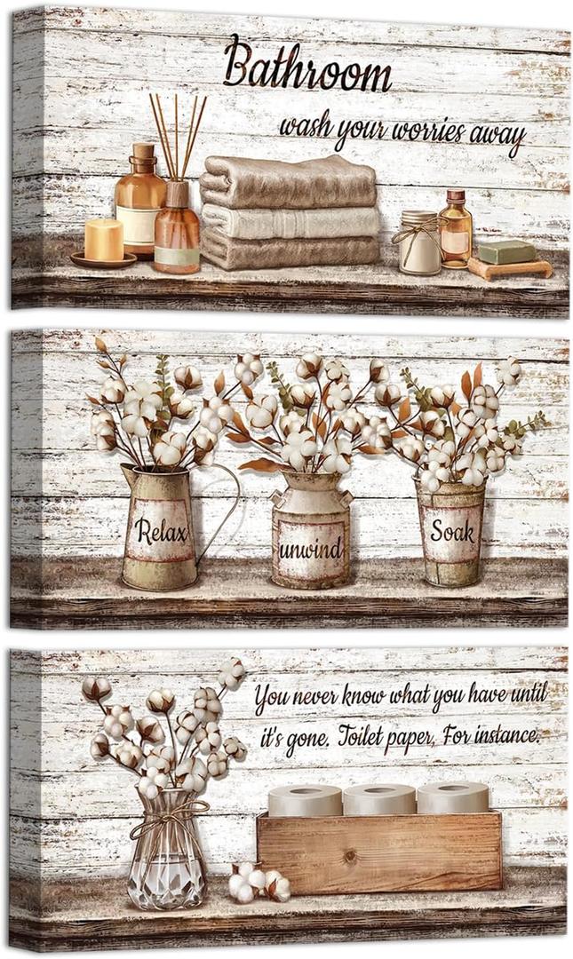 HOMEOART Farmhouse Bathroom Wall Decor - Framed Canvas Art, 6x12inch, 3 Pieces (Brown)