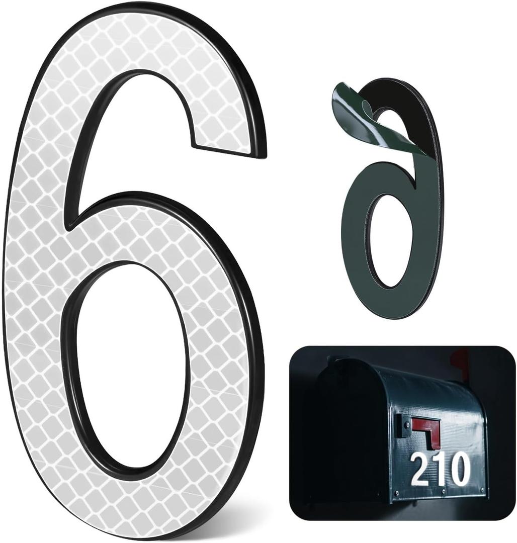 4 Inch Reflective House Numbers for Outside, VONDERSO High-Intensity Reflective Self-adhesive Mailbox Numbers, Durable ABS Base for House Plaques, Mailbox, Yard, Garage  Plaque Number 6
