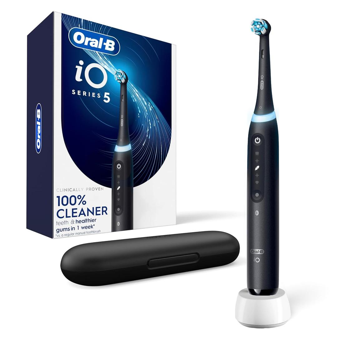 Oral-B iO Series 5 Rechargeable Electric Toothbrush with Visible Pressure Sensor to Protect Gums, 2 Minute Timer, 5 Cleaning Settings, 1 Replacement Toothbrush Heads, and Travel Case, Black