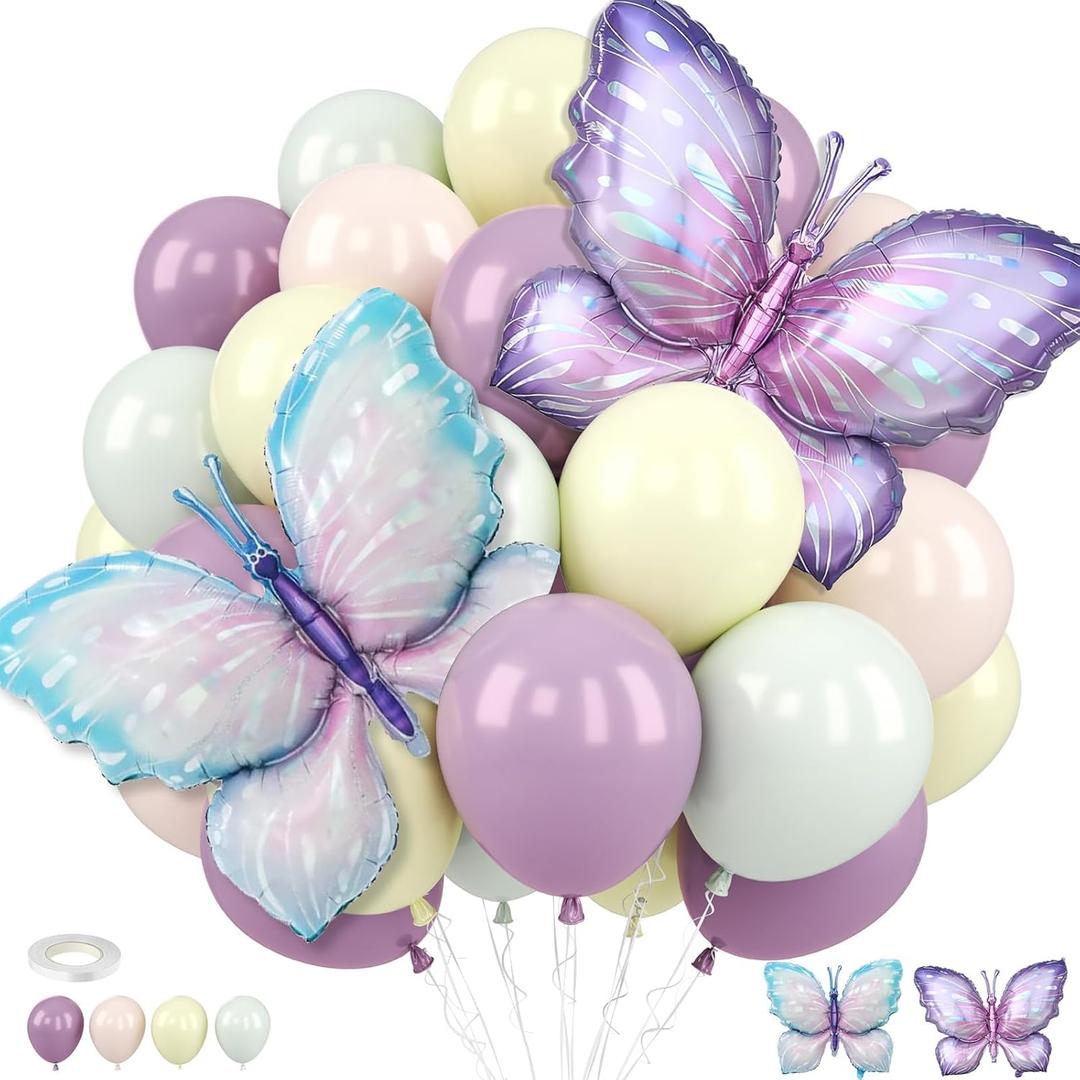 Pastel Purple Green Balloons with Butterfly Foil Balloons, Lavender Macaron Orange Yellow Fairy Balloons for Girl Garden Party Princess Theme Birthday Baby Shower Wedding Decorations