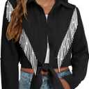 MYMORE Womens Rhinestone Fringe Cropped Button Down Shirt Rolled 3/4 Sleeve Tie Front Top Western Cowgirl Rodeo Outfit (X-Large, 02_black)