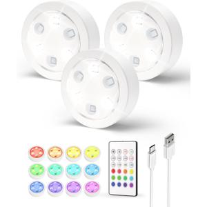 EZVALO Puck Lights with Remote,1200mAh Rechargeable Tap Light,RGB Display Lighting, Wireless Closet Light,Under Cabinet Lighs,Sitck On Lights for Halloween decorations, Kitchen,Closet,Shelves(3 Packs) (White)