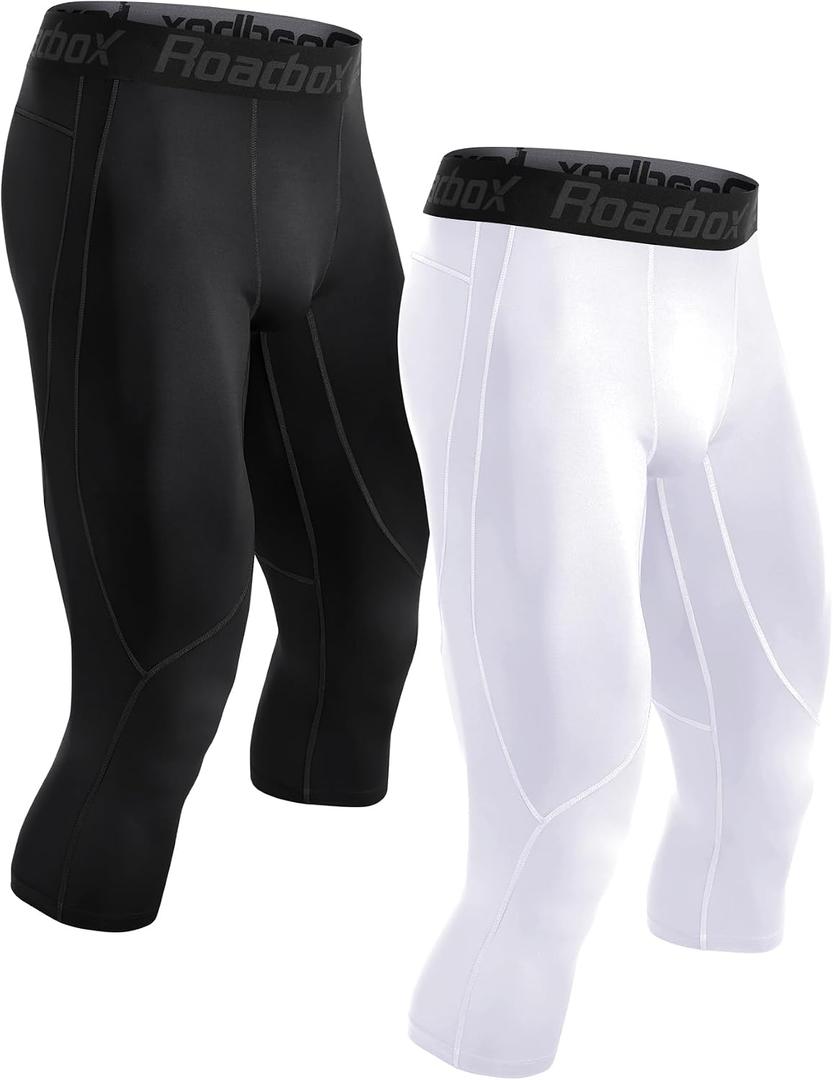 Roadbox 2 Pack Men's 3/4 Compression Pants, Athletic Basketball Workout Tights Leggings, Sport Running Spandex Base Layer