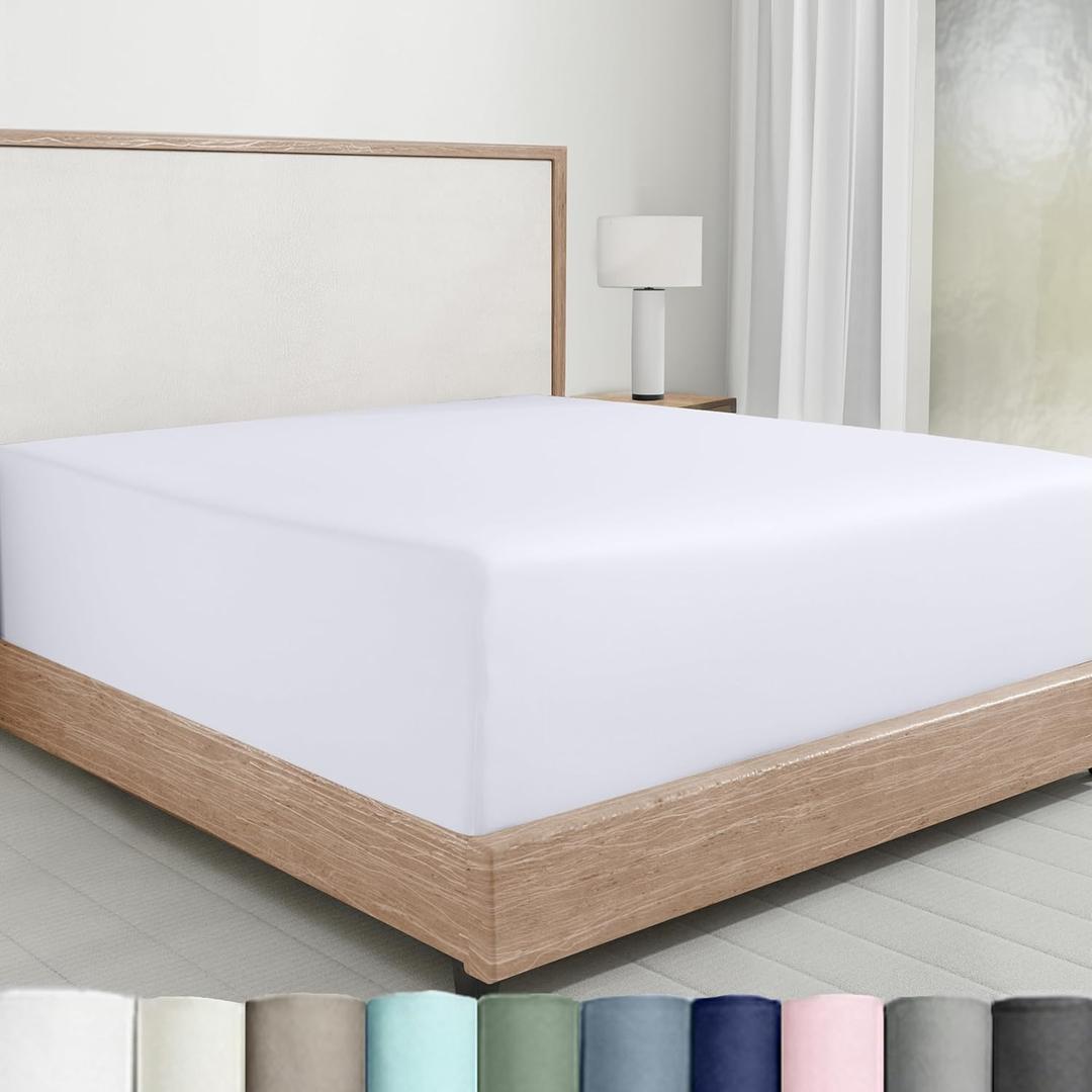 California Design Den White Fitted Sheet King, Soft 100% Cotton Sateen, Deep Pocket, Durable All-Around Elastic, Head/Foot Side Indicators, King Fitted Sheet Only (01 - Bright White)