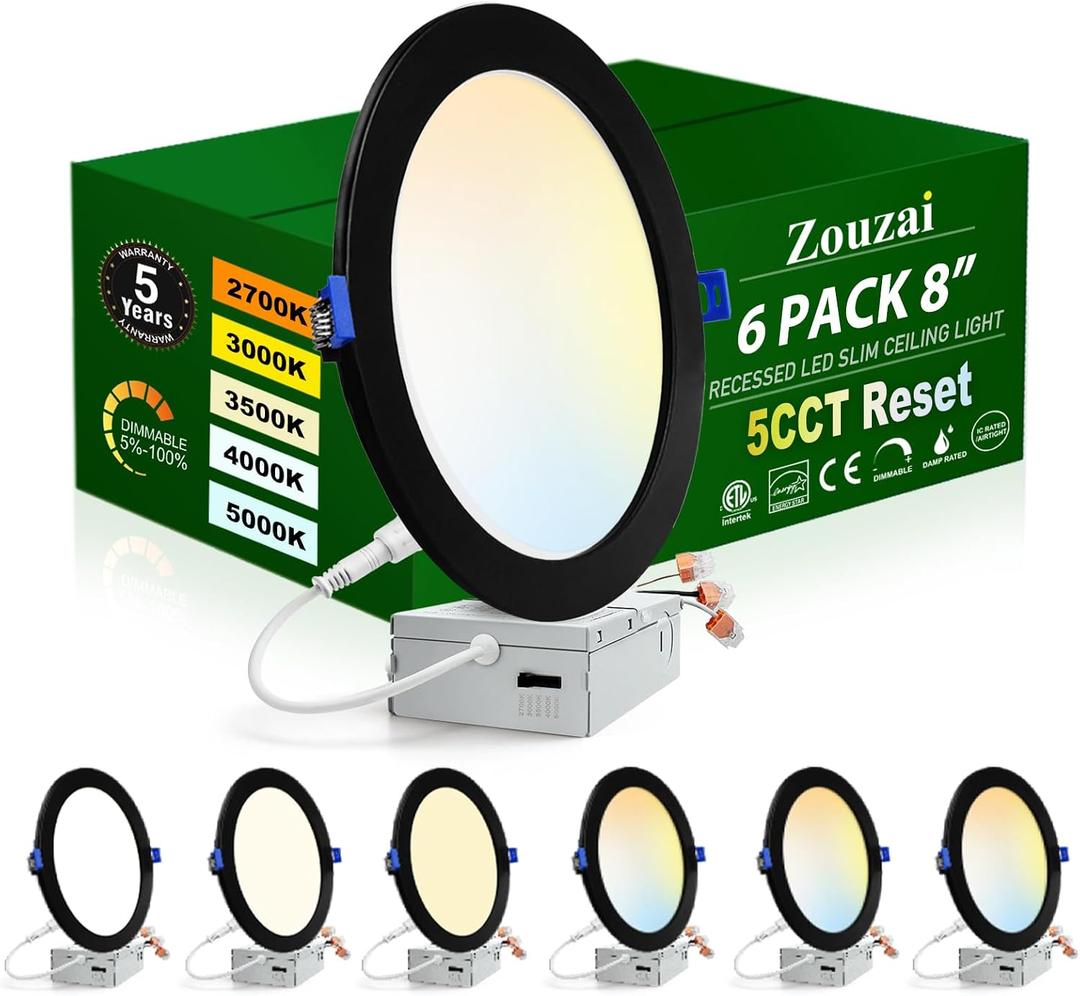 zouzai 8 Inch Black 18W Eqv 150W 1685LM 5CCT Ultra-Thin LED Recessed Ceiling Light with Junction Box 2700K/3000K/3500K/4000K/5000K Selectable, Dimmable ETL and Energy Star Certified【6 Pack 】