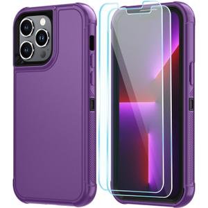 SunStory Compatible with iPhone 13 Pro Case with HD Screen Protector, 3-Layer Heavy Duty Full-Body Cover,3 in 1 Hybrid Protective Case for iPhone 13 Pro 6.1",Purple
