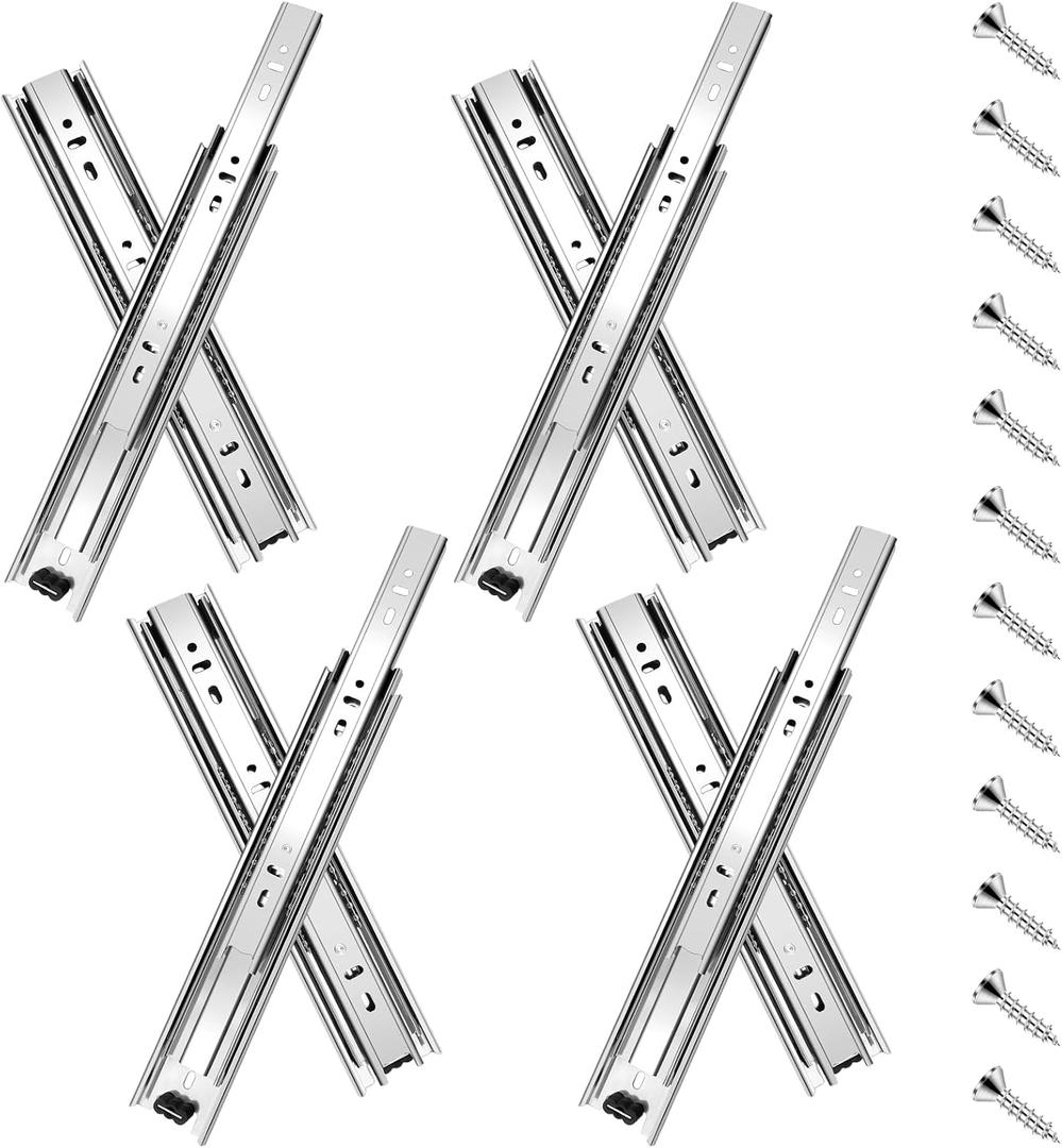 18 inch Drawer Slides 4 Pairs (8pcs) Full Extension Ball Bearing Drawer Rails Side Mount 3 fold Metal Dresser Runners for File Cabinet Trash Can Kitchen Wardrobe Glides 18" Silver 100 LB Capacity