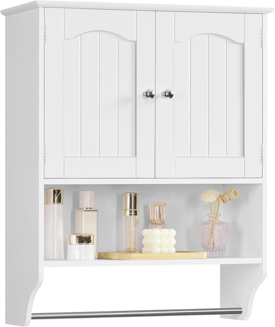 Iwell Bathroom Wall Cabinet, Over The Toilet Storage Cabinet with Towel Rack & Adjustable Shelf, Medicine Cabinet for Bathroom, White, 23.6L*7.9W*27.6H