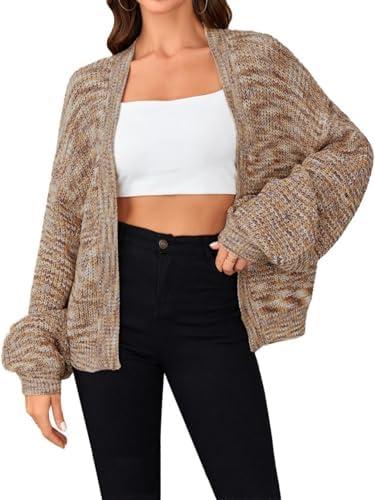 SHENHE Women's Color Block Open Front Long Sleeve Ribbed Knit Cropped Cardigan Sweaters XS