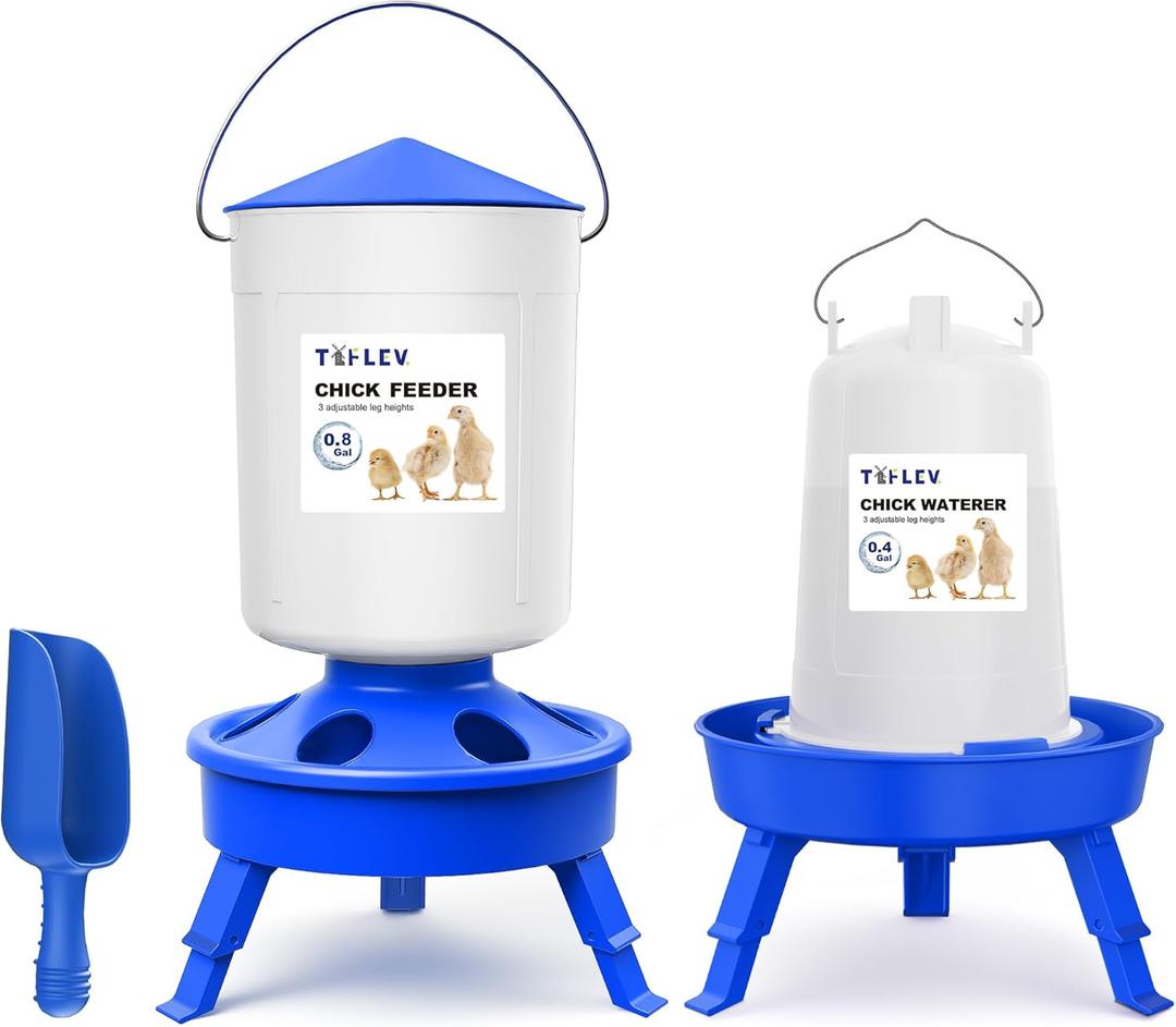 Chick Feeder and Waterer Set with 3 Adjustable Height, Scoop, 0.8Gal Top Fill Chick Feeder and 0.4Gal Waterer Anti-Drown for Raising Chicks in Brooder Blue