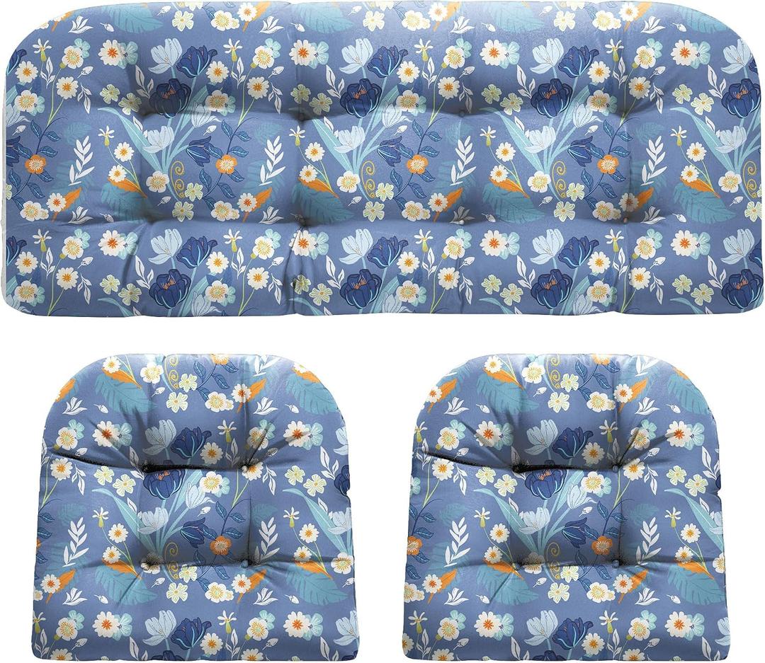 DANGHOOGY Wicker Chair Cushions, Waterproof Outdoor Loveseat Cushions for Patio Furniture, Tufted Wicker Furniture Cushions, 1 Loveseat and 2 U-Shaped Cushions (Blue Floral)