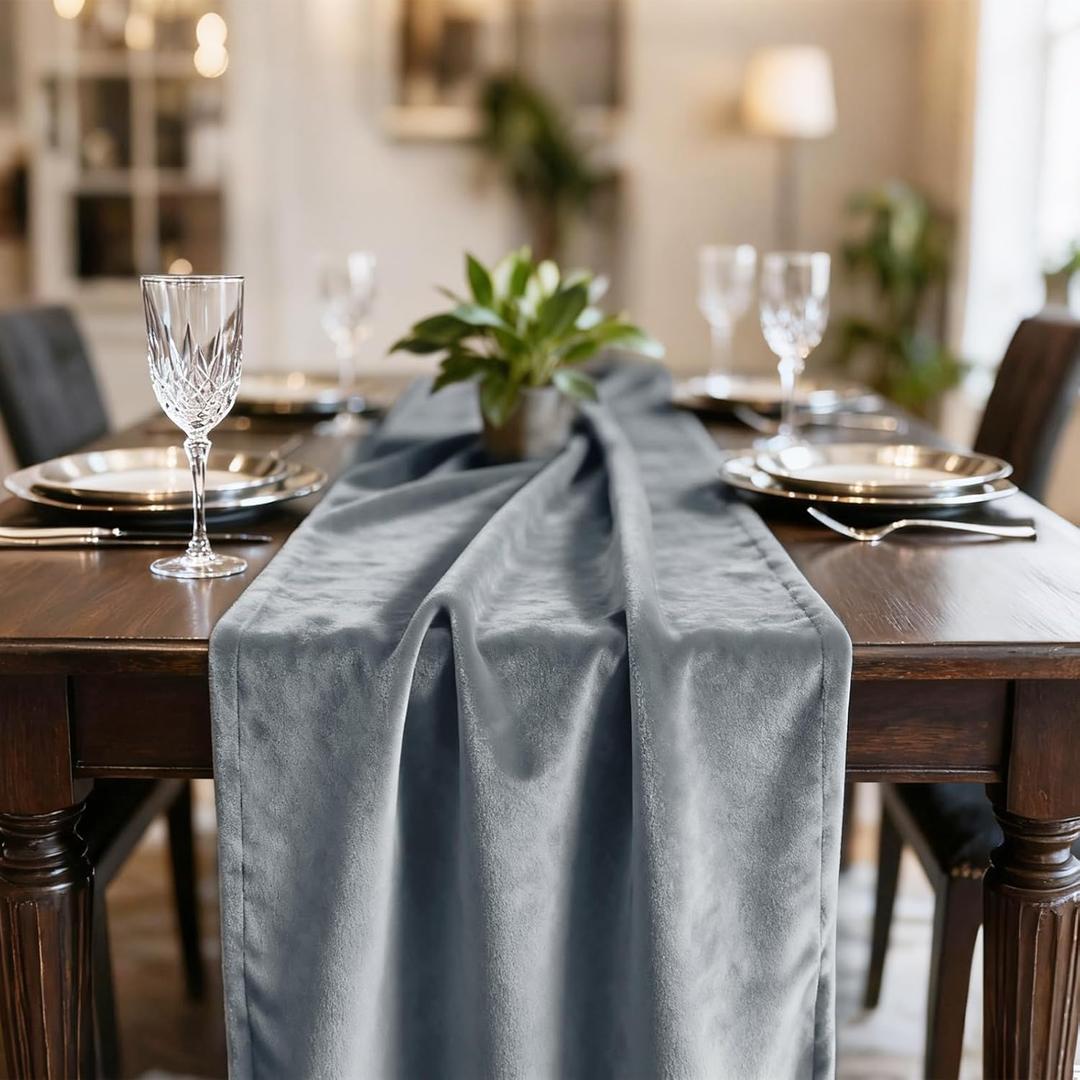Hahuho Velvet Table Runner 10ft Extra Long,Grey Soft Luxury Table Runner 20x120 inch for Christmas Thanksgiving Wedding New Year Party Table Decorations