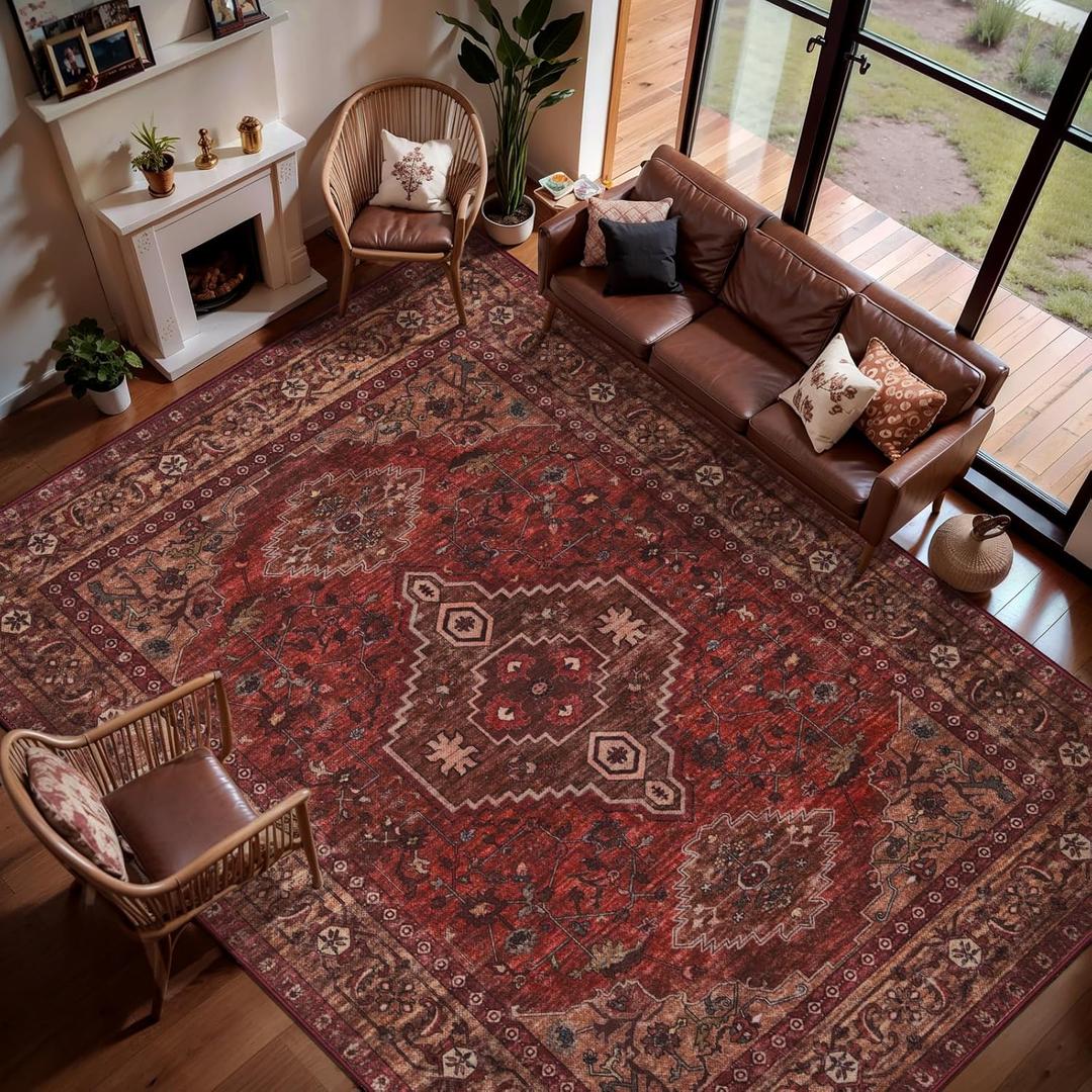 Tangsoo Red 8x10 Washable Area Rugs for Living Room, Non Slip Large Rug