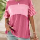 Dokotoo Summer Tops Trendy Oversized 2026 Crewneck Casual Color Block Striped Womens Shirts Blouses (Pink, XXL)