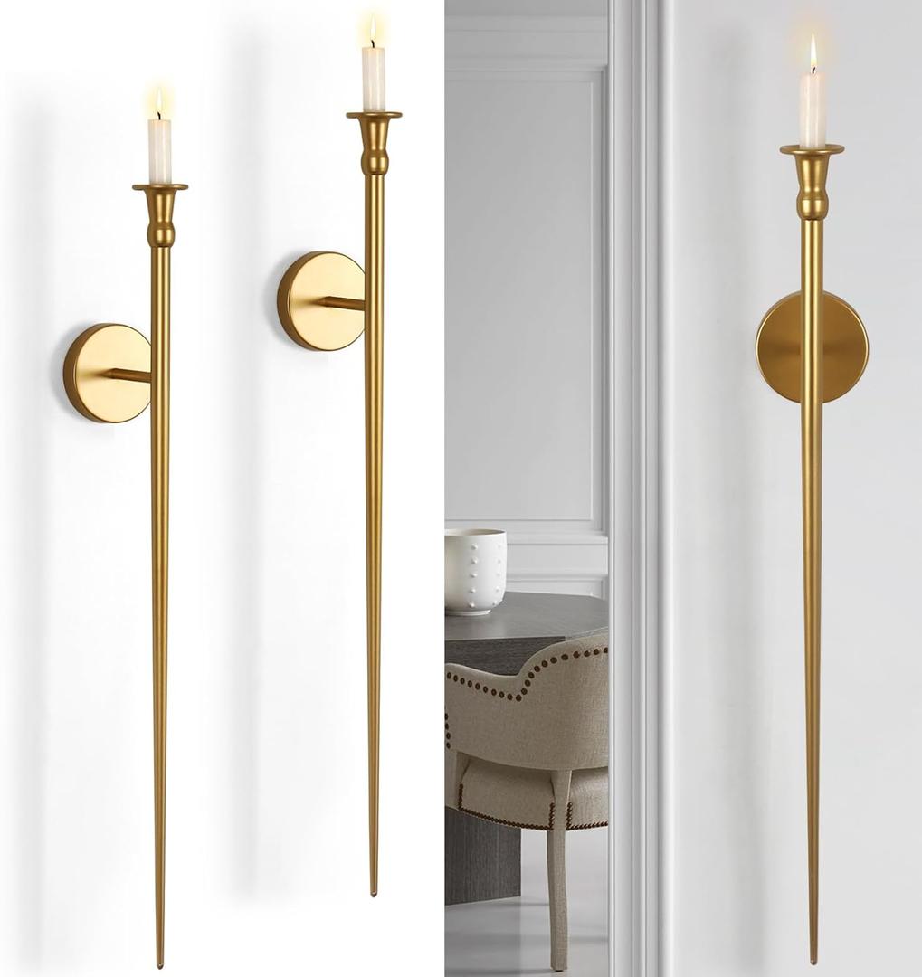 Gold Candle Sconces Set of 2, Retro Long Metal Candle Holders for Wall, Elegant Wall Decor for Living Room, Dining Room, Bathroom, and Office