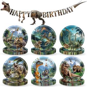 49PCS Dinosaur Birthday Party Supplies with Banner - Dinosaur Themed Paper Plates and Banner for Boys Kids Dino Theme Birthday Party Decorations