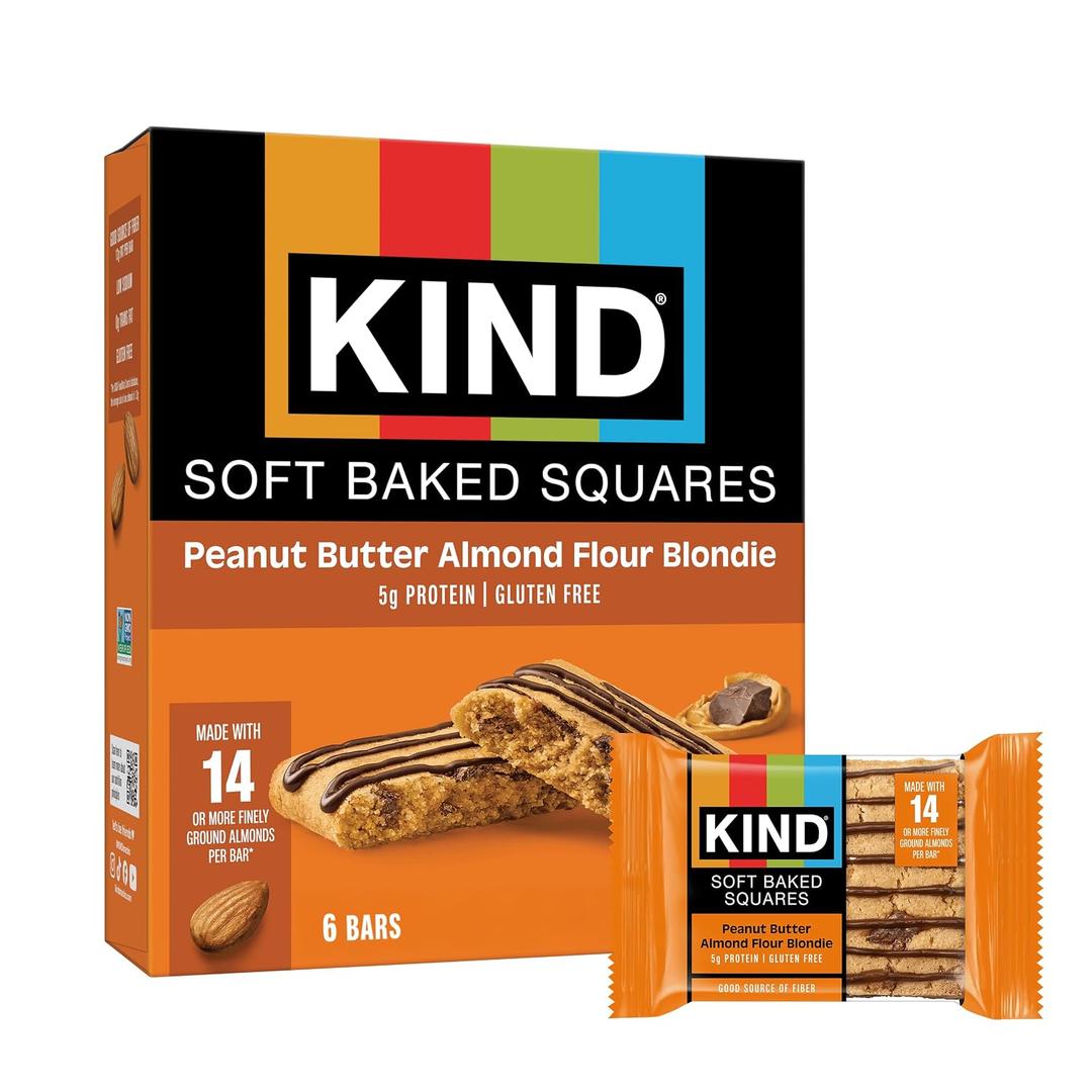 5 x KIND Soft Baked Squares, Peanut Butter Almond Flour Blondie, Gluten Free, Healthy Snack Bars, 5g Protein, 6 Count (EXP 07/25/26)